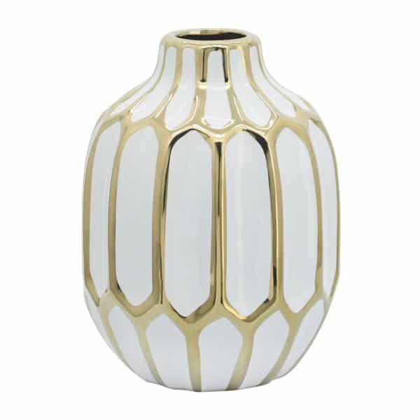 Florero De Cerámica Blanco Con Dorado