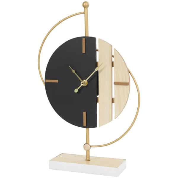 Reloj decorativo de madera y metal con soporte de mármol y detalles dorados