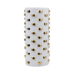 Florero Cilíndrico De Cerámica Blanco Y Dorado De 28Cm