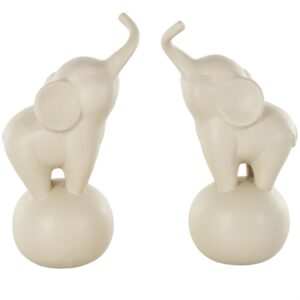 Escultura Decorativa de Elefante Trompeteando en Cerámica Blanca con Base Redonda Set de 2