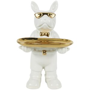 Escultura Decorativa De Bulldog de Pie Con Charola Y Detalles Dorados