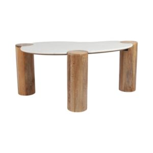 Mesa De Centro Orgánica En Mármol Blanco Y Base De Madera