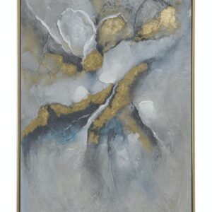 Cuadro abstracto en gris, azul y dorado con textura