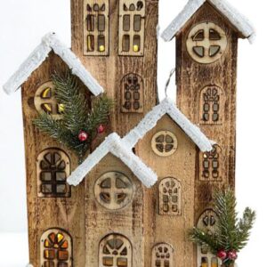 Casitas navideñas en madera natural con luz LED