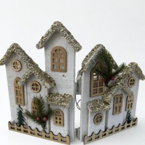 Casitas navideñas blancas con luz LED y cercado