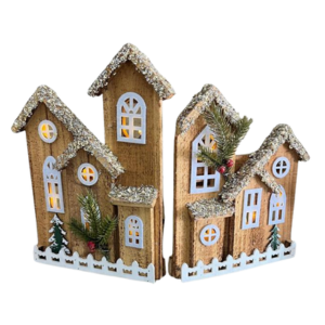 Casitas navideñas rústicas con luz LED y pino decorativo