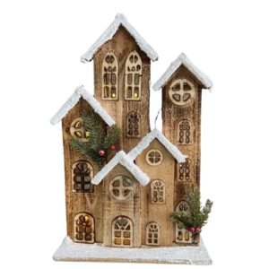 Casitas navideñas en madera natural con luz LED