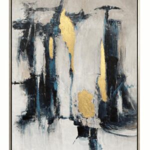 Cuadro abstracto gris y azul con acentos dorados horizontal