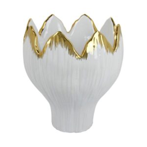 Jarrón Cerámico Blanco Con Borde Dorado Ondulado