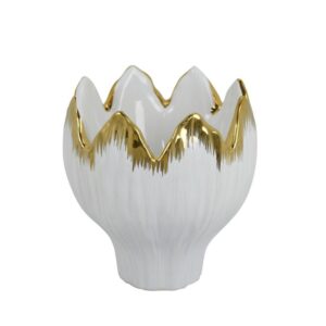 Jarrón Cerámico Blanco Con Filo Dorado Irregular