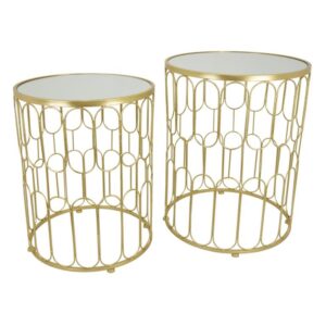 Mesas Auxiliares Doradas Con Patrón Circular Y Espejo Set De 2