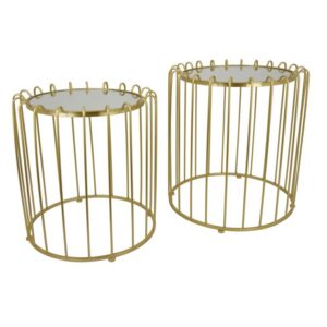 Mesas Auxiliares Redondas Doradas Tipo Jaula Con Espejo Set De 2