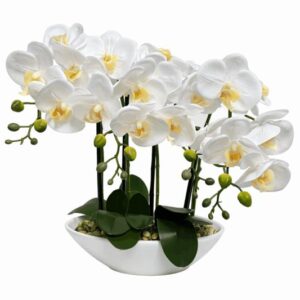 Arreglo de orquídeas artificiales blancas en base de cerámica