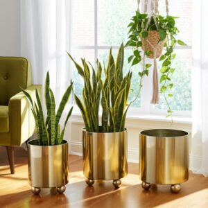 Maceteros dorados con patas esféricas set de 3