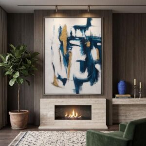 Cuadro decorativo abstracto azul petróleo y dorado