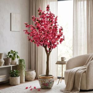 Árbol artificial de durazno rosa en maceta