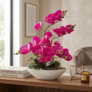 Arreglo de orquídea artificial fucsia en base cerámica
