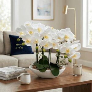 Arreglo floral artificial de orquídeas blancas