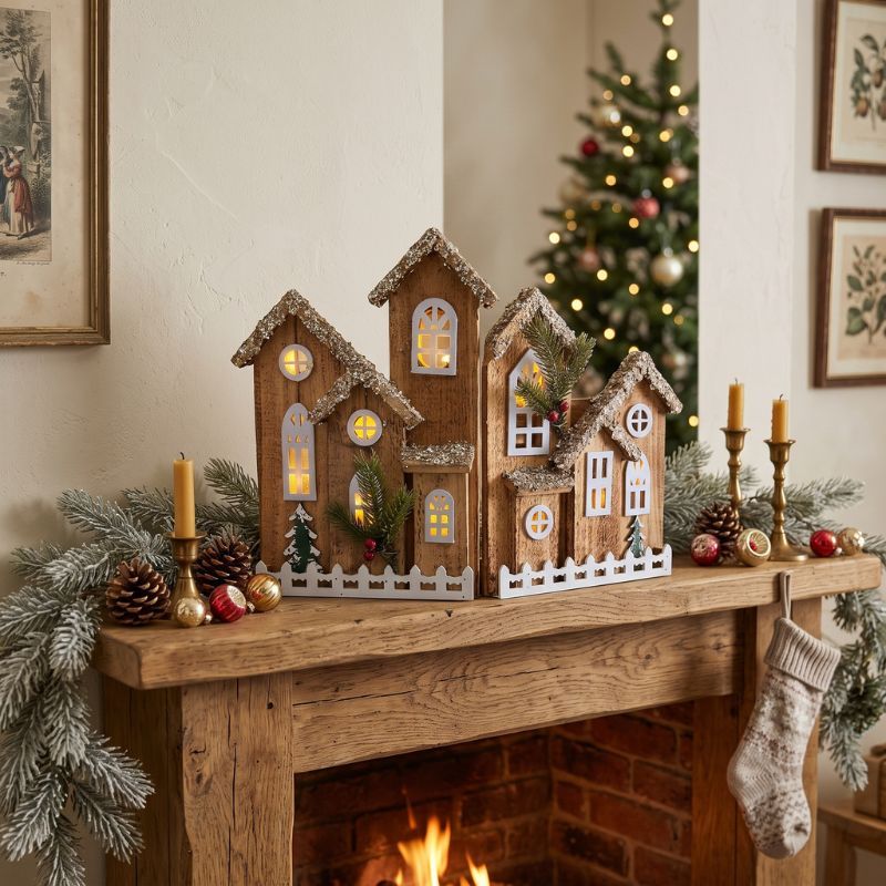 Casitas navideñas rústicas con luz LED y pino decorativo