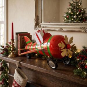 Avión decorativo navideño rojo con regalo