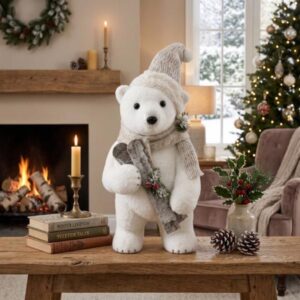 Oso polar decorativo con gorro bufanda y esquís 45cm
