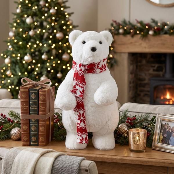 Oso polar decorativo de pie con bufanda 50cm