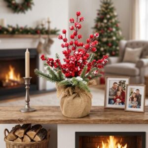 Árbol decorativo de pino escarchado con frutos rojos